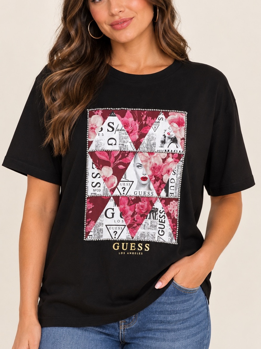 GUESS Black Short Sleeve Tee with Pink Floral Patchwork Logo